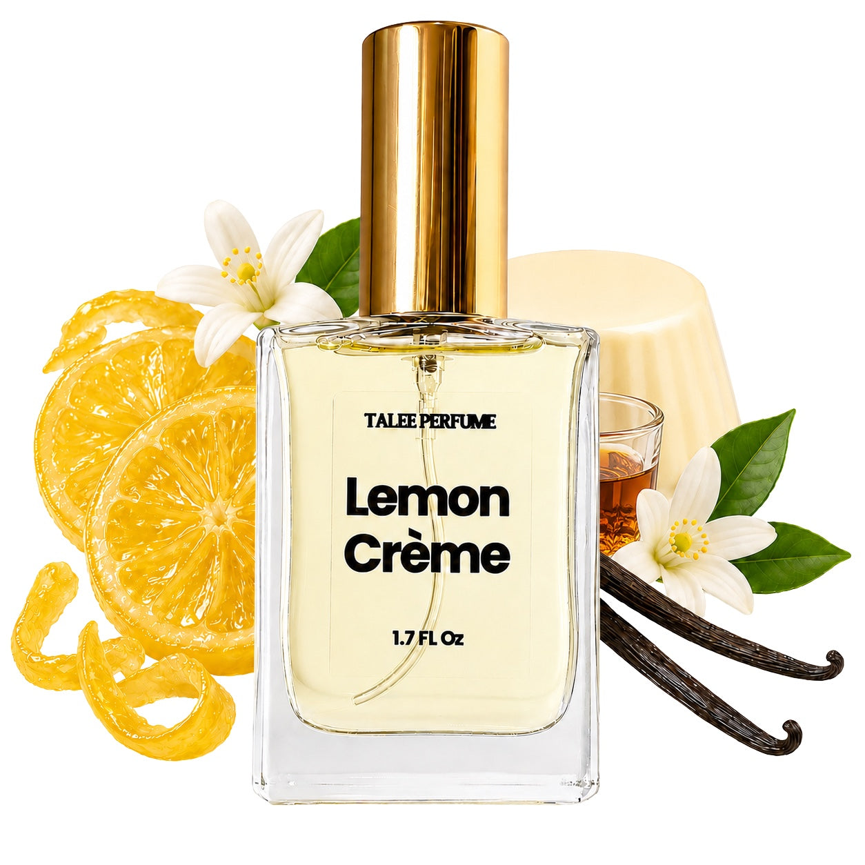 Lemon Crème perfume with candied lemon, orange blossom, panna cotta, rum and vanilla notes