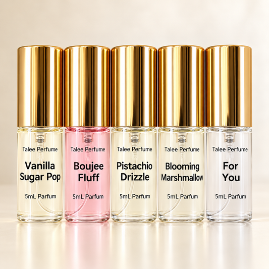 Talee Perfume discovery set with five 5mL perfumes: Vanilla Sugar Pop, Boujee Fluff, Pistachio Drizzle, Blooming Marshmallow, and For You.